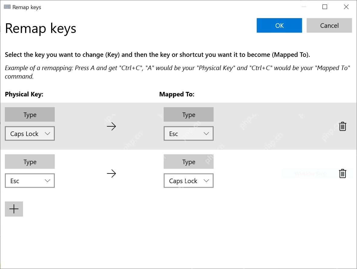 Win11 PowerToys Remap keys 列表中 Caps Lock 映射记录已保存