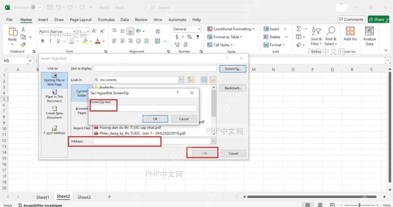 Excel 插入超链接窗口中设置 ScreenTip 屏幕提示并点击 OK 确认