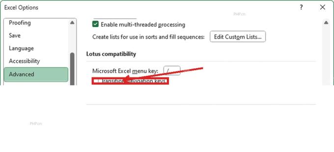真实 Excel Options Advanced 页面中的 Transition navigation keys 选项,用于第三步定位高级设置