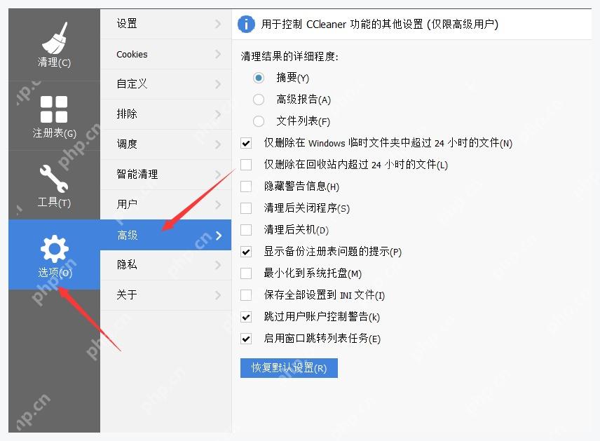 CCleaner Windows 电脑端 Advanced 页面中的 File list 和只删除 24 小时前临时文件选项