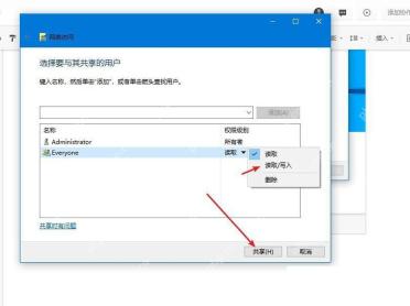 Windows 10 网络访问共享向导 选择用户和权限级别