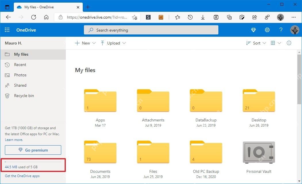 OneDrive网页版My files左下角显示44.5 MB used of 5 GB容量状态