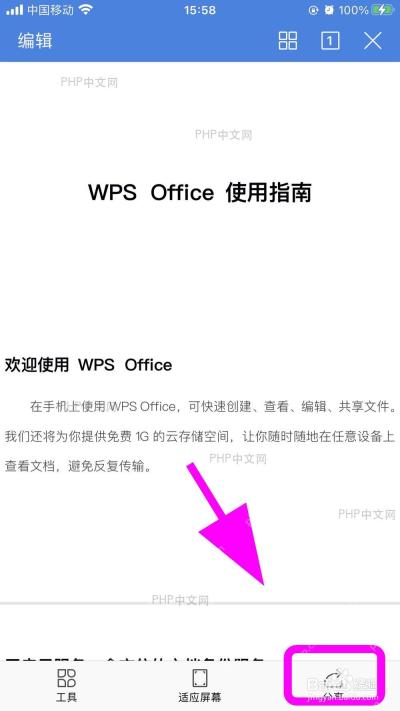手机 WPS 文档页面右下角的分享按钮，用于进入文件发送面板