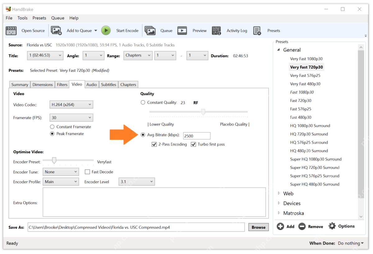 HandBrake Windows英文视频设置中已勾选2-Pass Encoding和Turbo first pass的操作截图