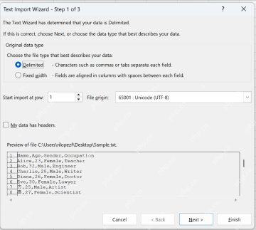 Excel 文本导入向导中设置 File origin 为 UTF-8 并查看预览