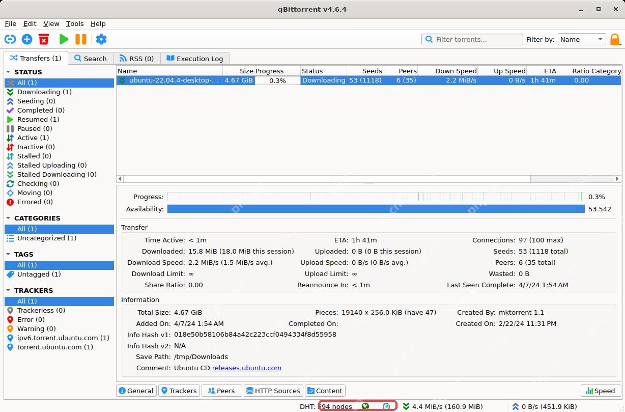 qBittorrent 主窗口底部显示 DHT 节点数量