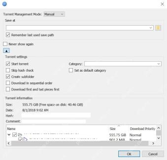 qBittorrent Add new torrent 窗口显示种子文件列表和 OK 按钮