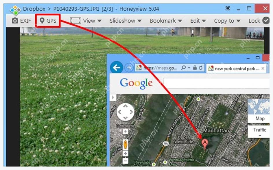 Honeyview 顶部 GPS 按钮打开照片定位地图结果