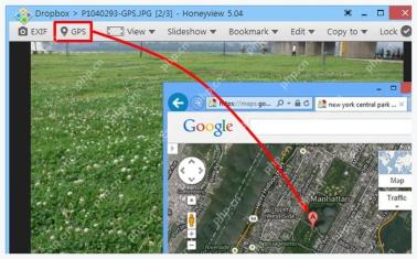 Honeyview 顶部 GPS 按钮打开照片定位地图结果