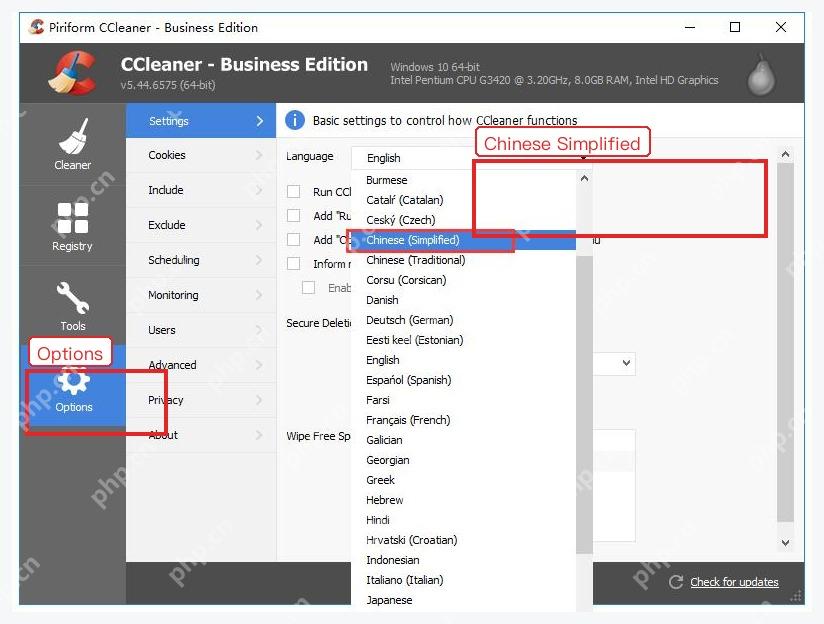 CCleaner Options Settings 语言下拉框中的 Chinese Simplified