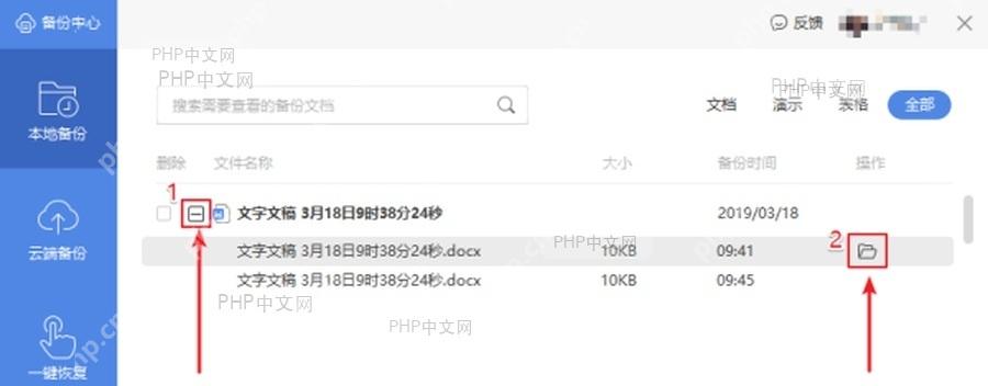 WPS 备份中心文件记录右侧标出预览打开按钮,服务于确认并打开备份步骤