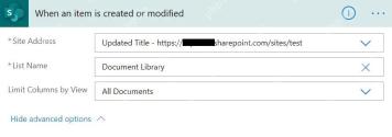 SharePoint触发器中设置站点地址和文档库