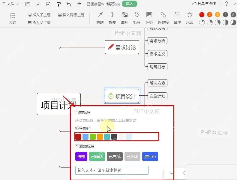 WPS思维导图标签面板中的标签颜色和预设标签选项