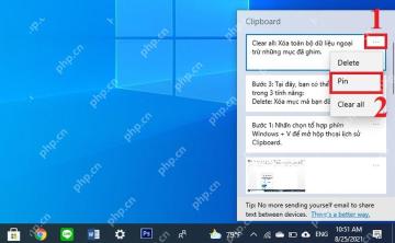 Windows10 剪贴板历史记录面板中打开项目菜单并显示 Pin、Delete、Clear all