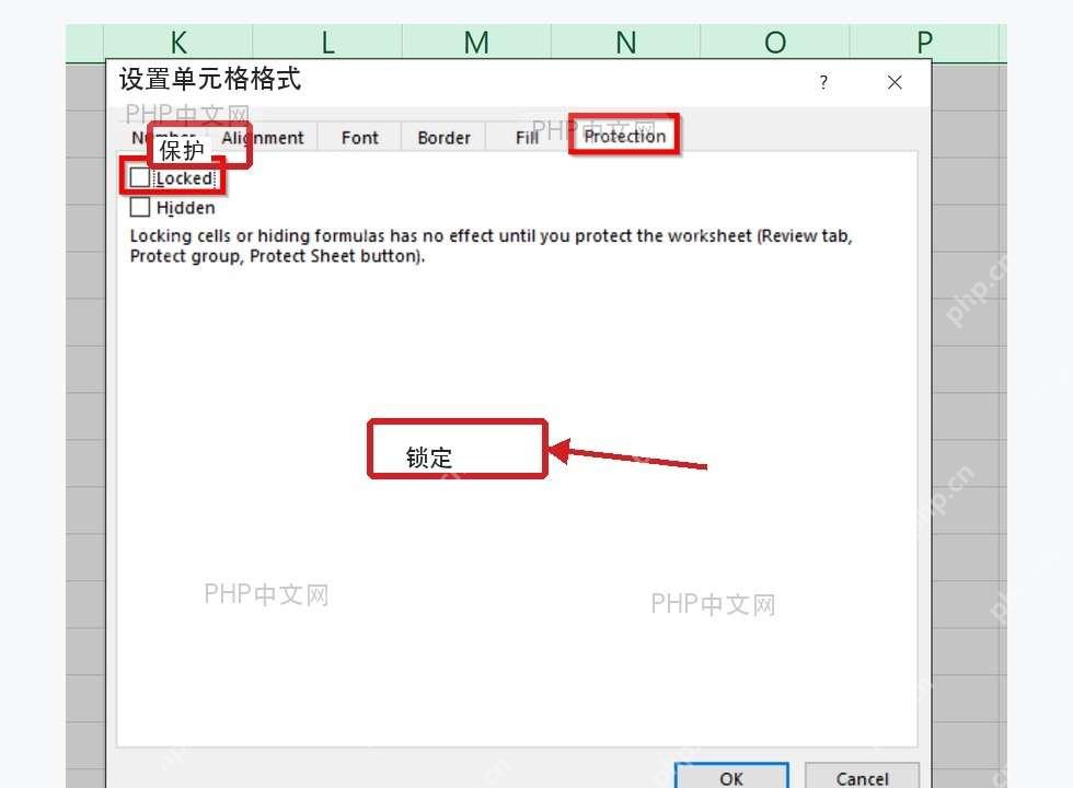 Excel设置单元格格式保护选项卡中取消锁定勾选