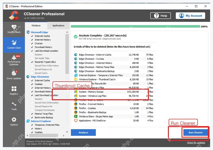 CCleaner Windows 电脑端分析结果中的 Windows Explorer Thumbnail Cache 和 Run Cleaner