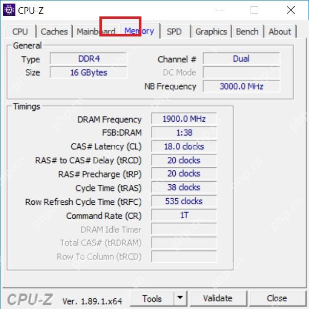 CPU-Z Windows Memory 标签页显示内存 Type Size Channel 和频率