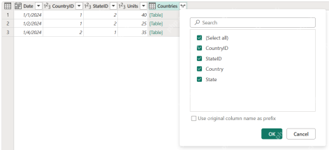 Power Query 展开 Table 列时勾选 CountryID、StateID、Country 和 State 字段