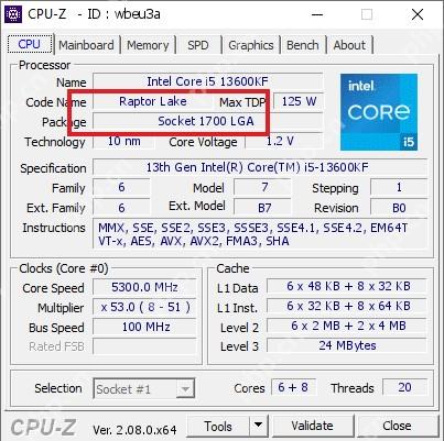 CPU-Z Windows CPU 页完整处理器信息高亮 Package 和型号区域