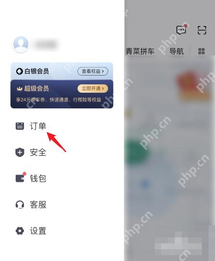 滴滴出行个人中心侧栏用红箭头指向订单入口,证明进入历史行程列表的操作