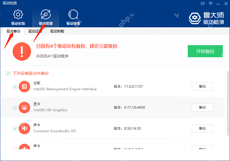 Windows 中文鲁大师驱动检测界面切到驱动管理和驱动备份标签，提示当前有4个驱动没有备份，证明备份前要先确认未备份驱动列表。