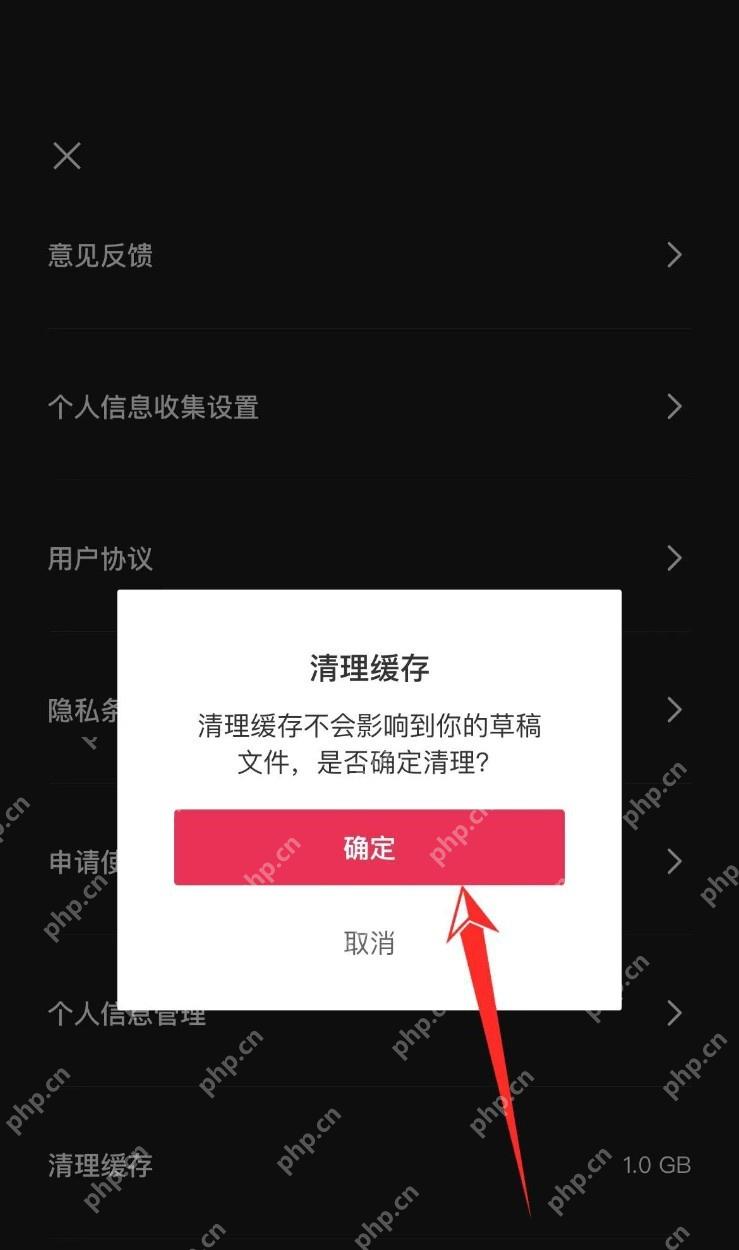 剪映中文手机App清理缓存确认窗口说明不会影响草稿文件并显示确定按钮,证明可安全清除临时缓存
