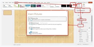 PowerPoint 设计选项卡和设置背景格式面板入口