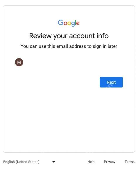 Google 账号信息确认页面