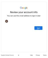 Google 账号信息确认页面