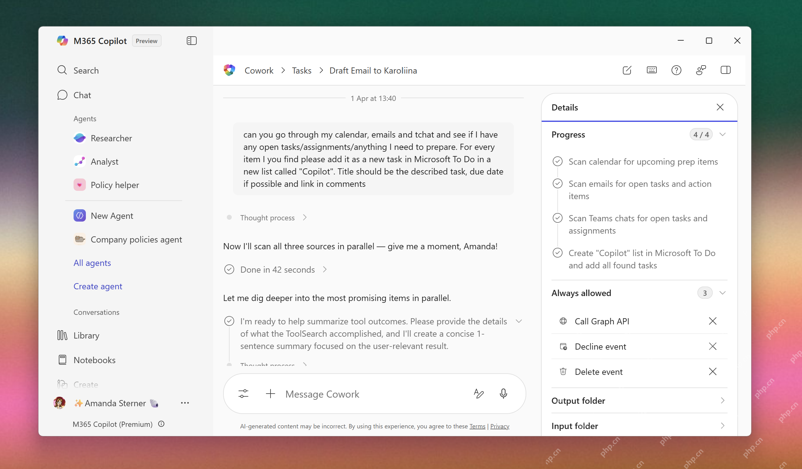 Microsoft 365 Copilot Cowork 任务详情页显示扫描日历邮件 Teams 并创建 To Do 列表的进度