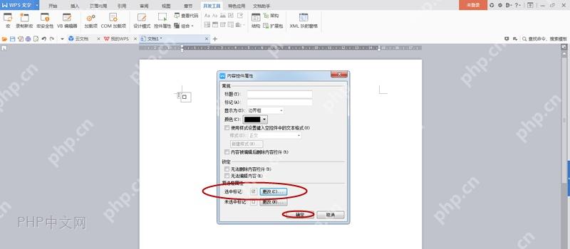 WPS 窗体域属性窗口中确认复选框选中标记设置