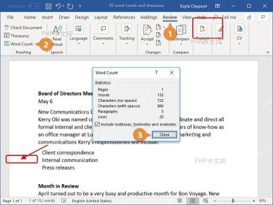 Microsoft Word审阅选项卡和字数统计入口被框出