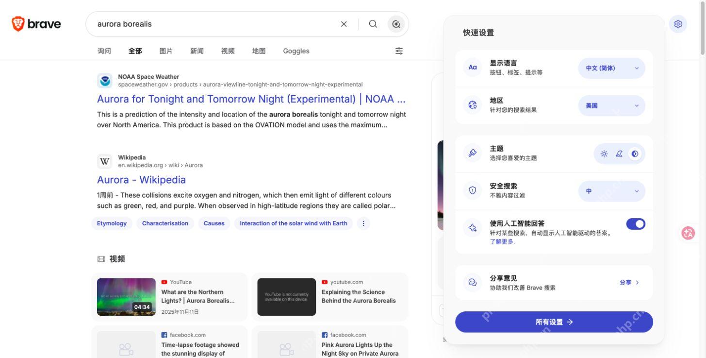 网页结果旁的快速设置