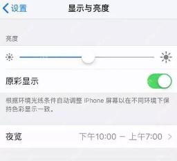 iPhone 显示与亮度页面中原彩显示开关处于绿色开启状态