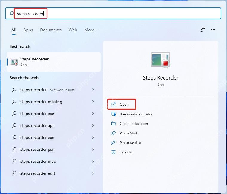 Win11 开始菜单搜索 Steps Recorder 并显示打开按钮