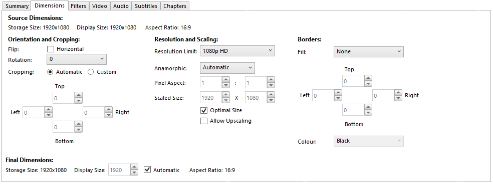 HandBrake Windows Dimensions选项卡中的Automatic和Custom裁切选项的英文界面操作截图