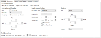 HandBrake Windows Dimensions选项卡中的Automatic和Custom裁切选项的英文界面操作截图