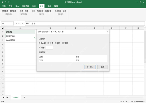 模拟 Microsoft Excel Windows桌面版 完整窗口：分列选分隔符，预览按竖线切成两段