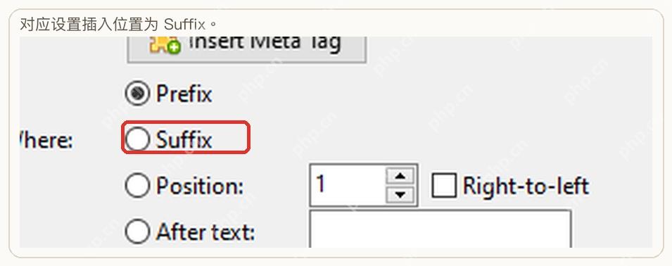 ReNamer Insert 规则窗口的 Where 区域包含 Suffix。