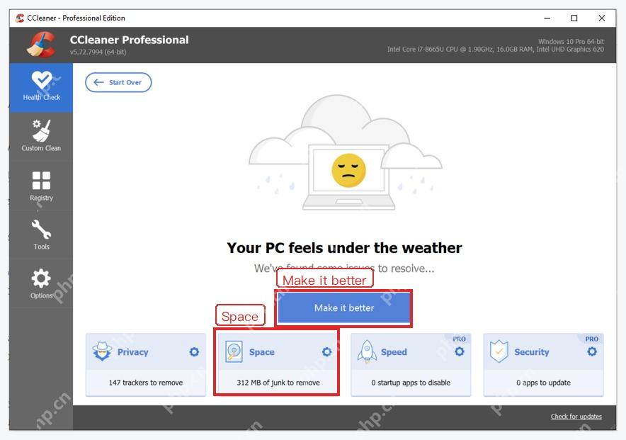 CCleaner Health Check 中的 Space 清理空间项目