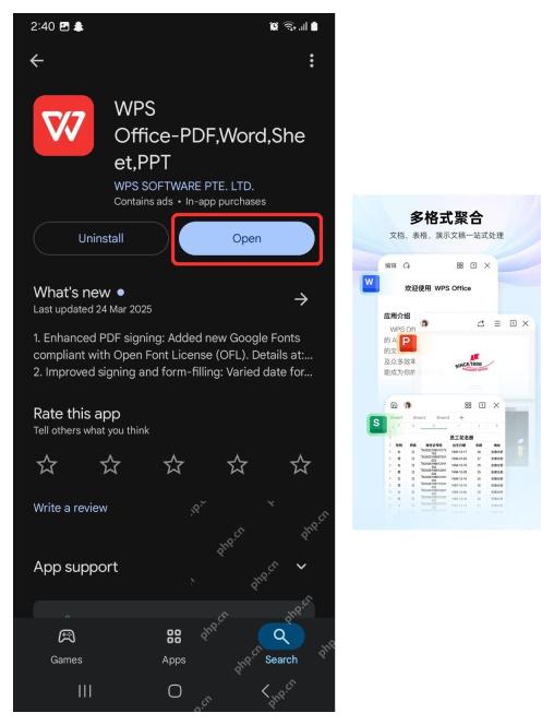 Android WPS Office 安装完成后点击 Open 并看到 WPS 手机端首页界面