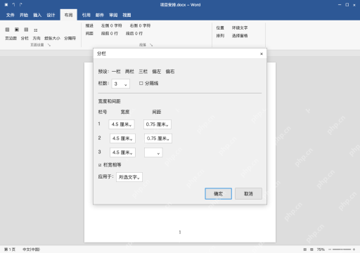 模拟 Microsoft Word 简体中文桌面版完整界面:更多分栏里核对宽度和间距