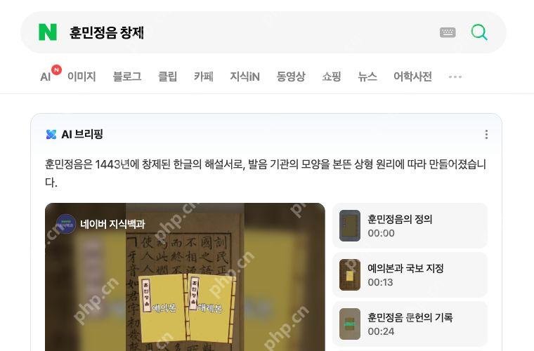 Naver已加载的综合搜索页,展示查询框、内容分类及来源线索