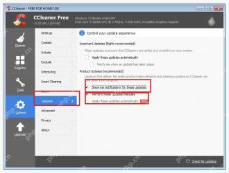 CCleaner Windows 电脑端 Options Updates 更新通知和手动更新选项