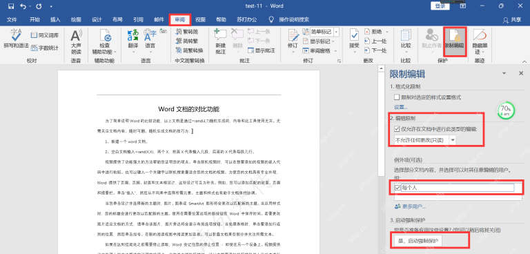 Word 审阅选项卡中限制编辑窗格设置只读并启动强制保护