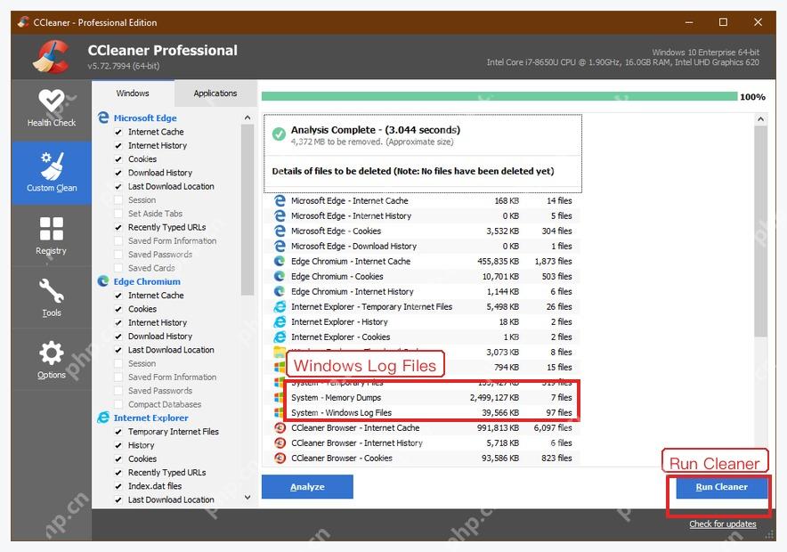 CCleaner Windows 电脑端分析结果里的 System Windows Log Files 和 Run Cleaner