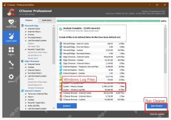 CCleaner Windows 电脑端分析结果里的 System Windows Log Files 和 Run Cleaner
