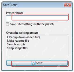 ReNamer Save Preset 窗口显示 Preset Name 和 Save 按钮。