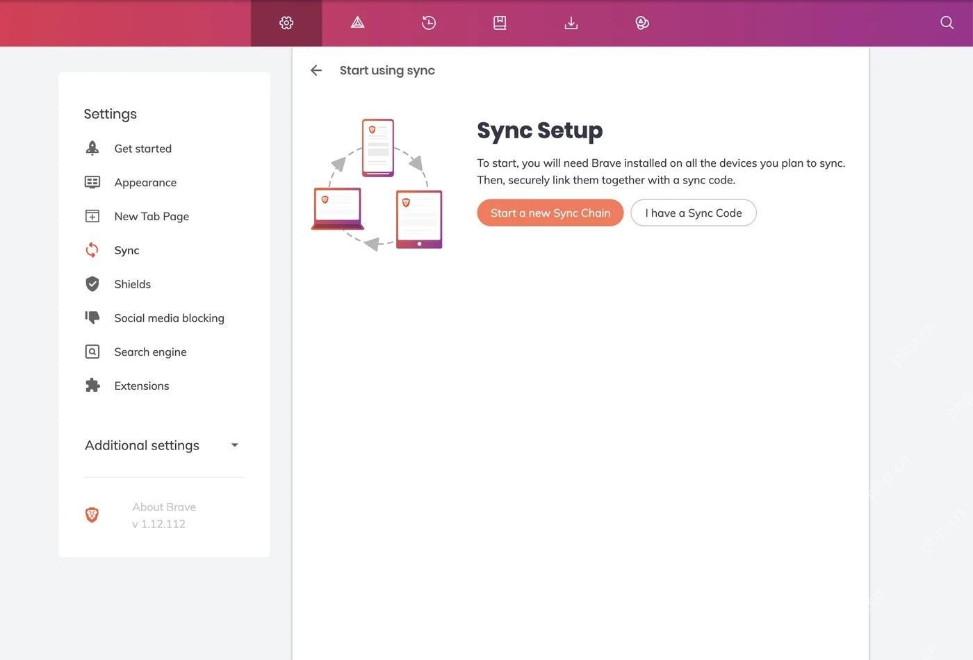 Brave Sync 设置中的新建同步链界面