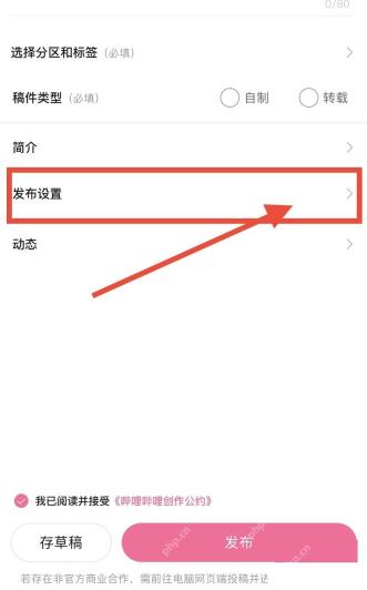 哔哩哔哩投稿信息页的发布设置入口